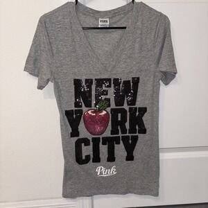 Victoria's Secret Pink New York City Sequin V-Neck Tshirt Gray Medium‎ Rare